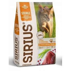 SIRIUS Сухой корм с уткой и клюквой для стерилизованных кошек, упаковка 10 кг