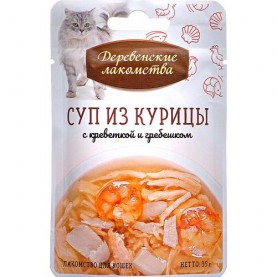 Деревенские лакомства Суп из курицы с креветкой и гребешком для кошек, 35 г