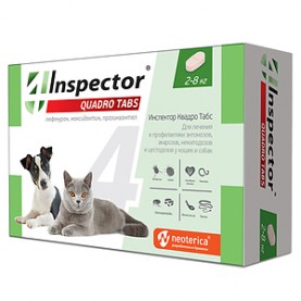 Inspector Quadro Tabs Таблетки против глистов, блох и клещей для кошек и собак (2-8 кг), (упаковка 4 шт), поштучно